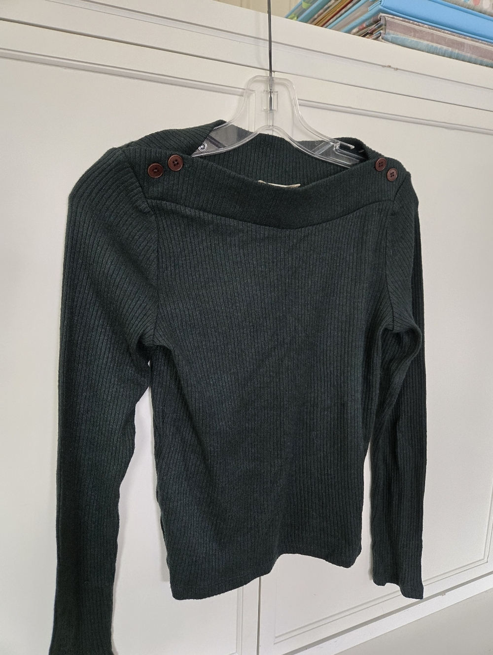Ribbed Boatneck Sweater with Shoulder Buttons - Dark Green